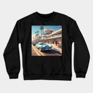 A Retro-Futuristic image of a Califonia Beach City Crewneck Sweatshirt